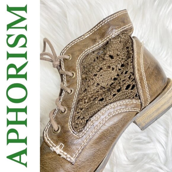 APHORISM Caramel Brown Faux Leather Lace Inset Boho Bootie, Size 6.5 - Picture 5 of 11
